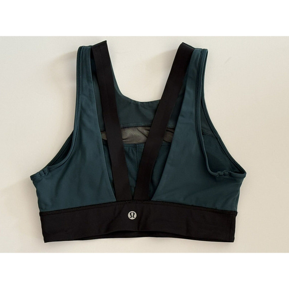 Lululemon RUN THE DAY Sports Bra With Peek-A-Boo Mesh Submarine Green/Black Sz 4 - Picture 4 of 12